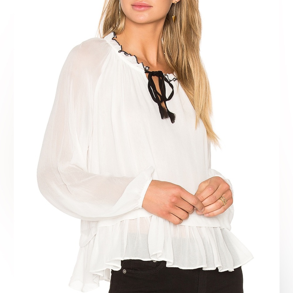 LINE & DOT x REVOLVE White Georgette Ribbon Neck Peasant Blouse XS